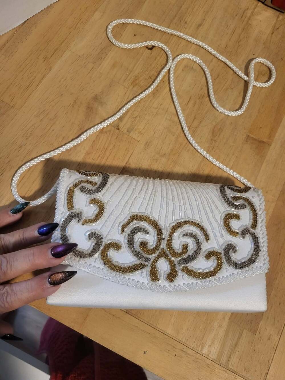 La Regale white beaded evening bag purse crossbody cruise clutch